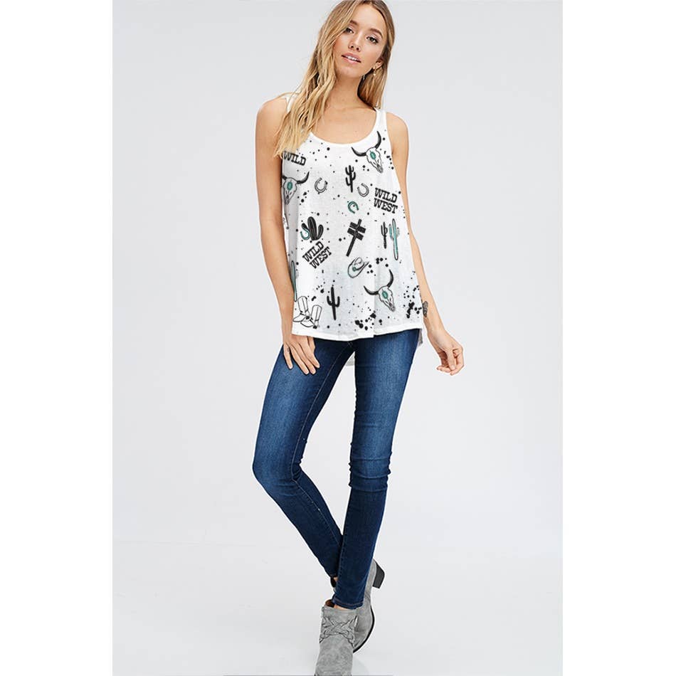 Western skull print tank top in charcoal