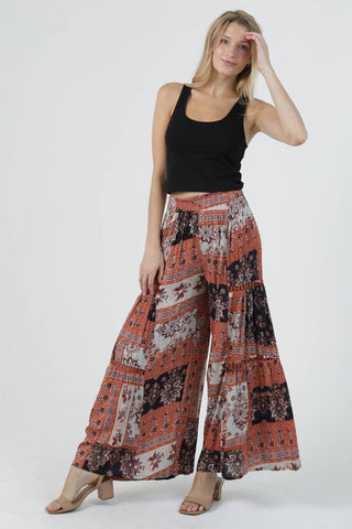 PRINTED WIDE LEG FLARE PANTS WITH LACE TRIM