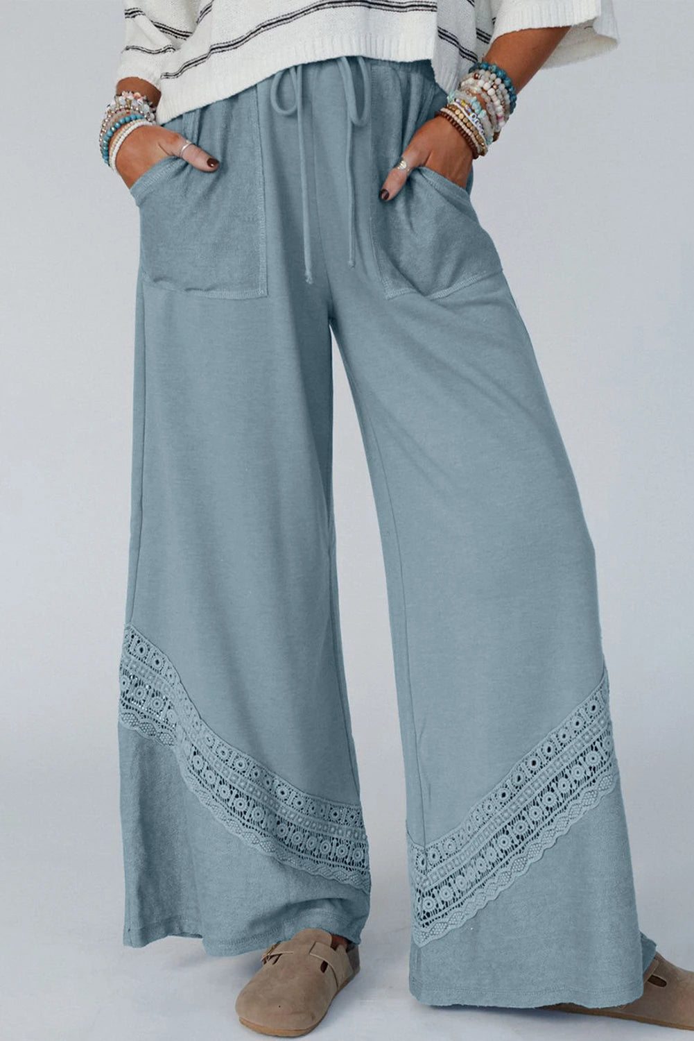 Dusk Blue Lace Crochet Patchwork Drawstring High Waist Wide Leg Pants