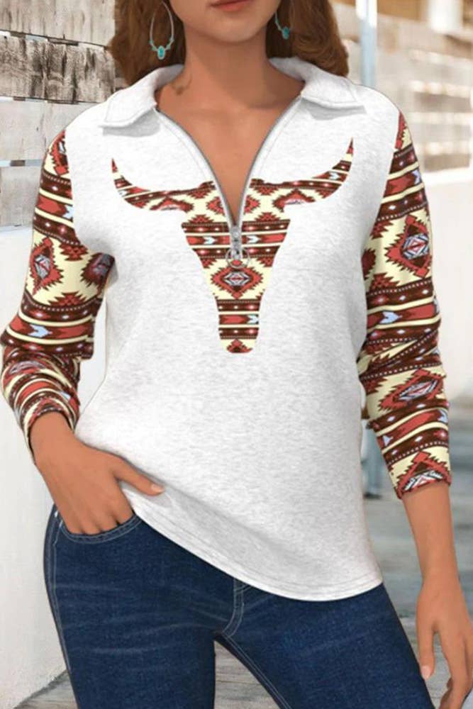 Western Print Zipper Down Long Sleeves Top