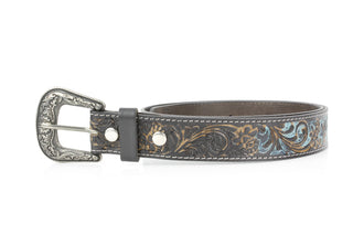 Black Tooled Leather Belt Camel Turquoise ABB 14-2622