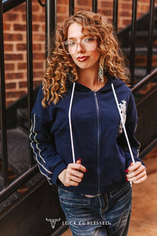 Midnight Navy Blue Rope Drawstring Crop Zip Up Hoodie