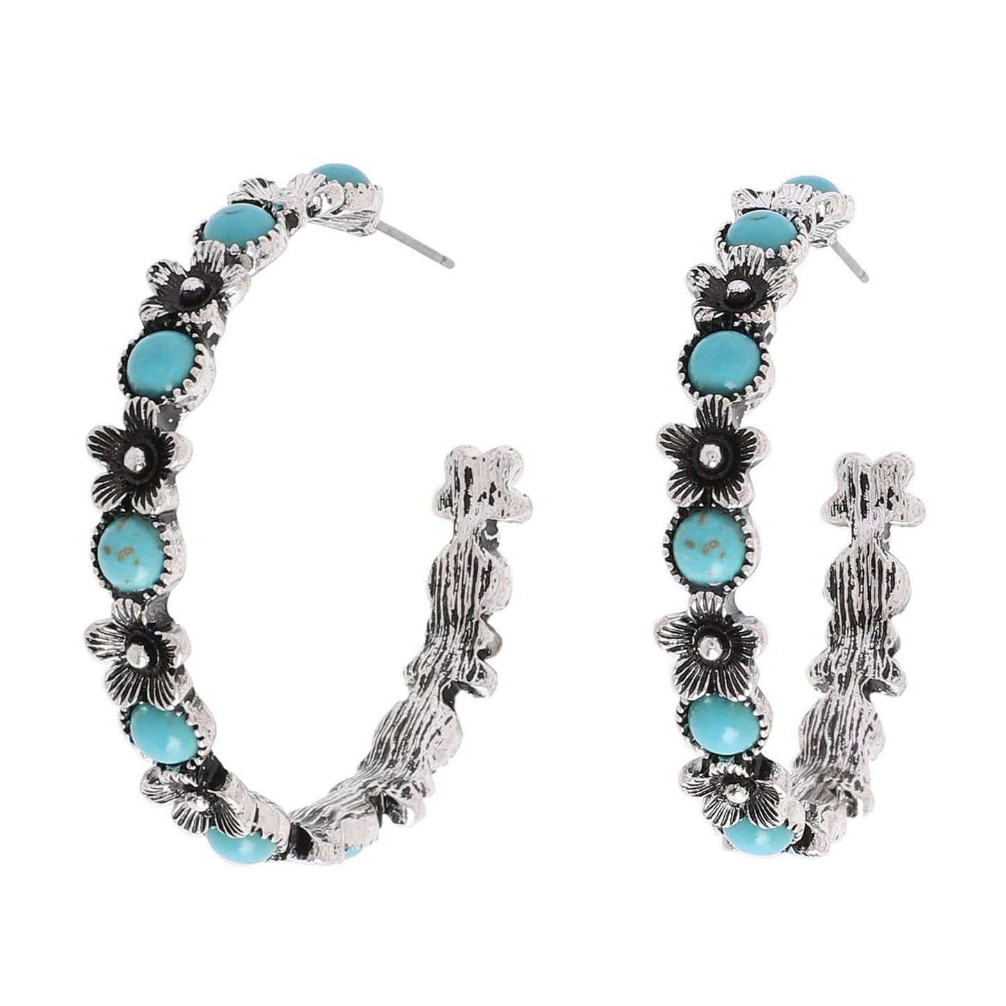 Western Floral Turquoise Open Hoop Earrings