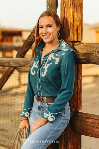 CLEARANCE Teal Ivory Patch Boot Stitch Contrast Piping Shirt