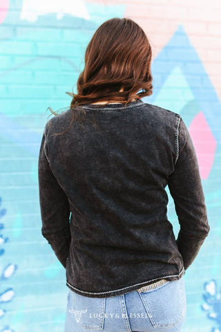 Black Mineral Wash Rodeo Printed Contrast Stitching Shirt