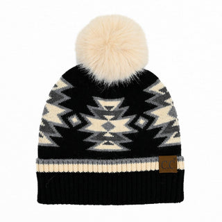 CC South Western Aztec  Pattern Faux Fur Pom Beanie