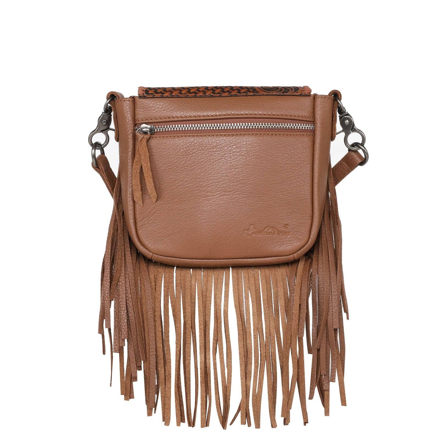 RLC-L162 Montana West Genuine Leather Tooled Collection Fringe Crossbody