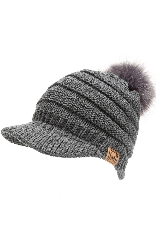 Women's Knit Visor Pom Beanie Hat  with Lining