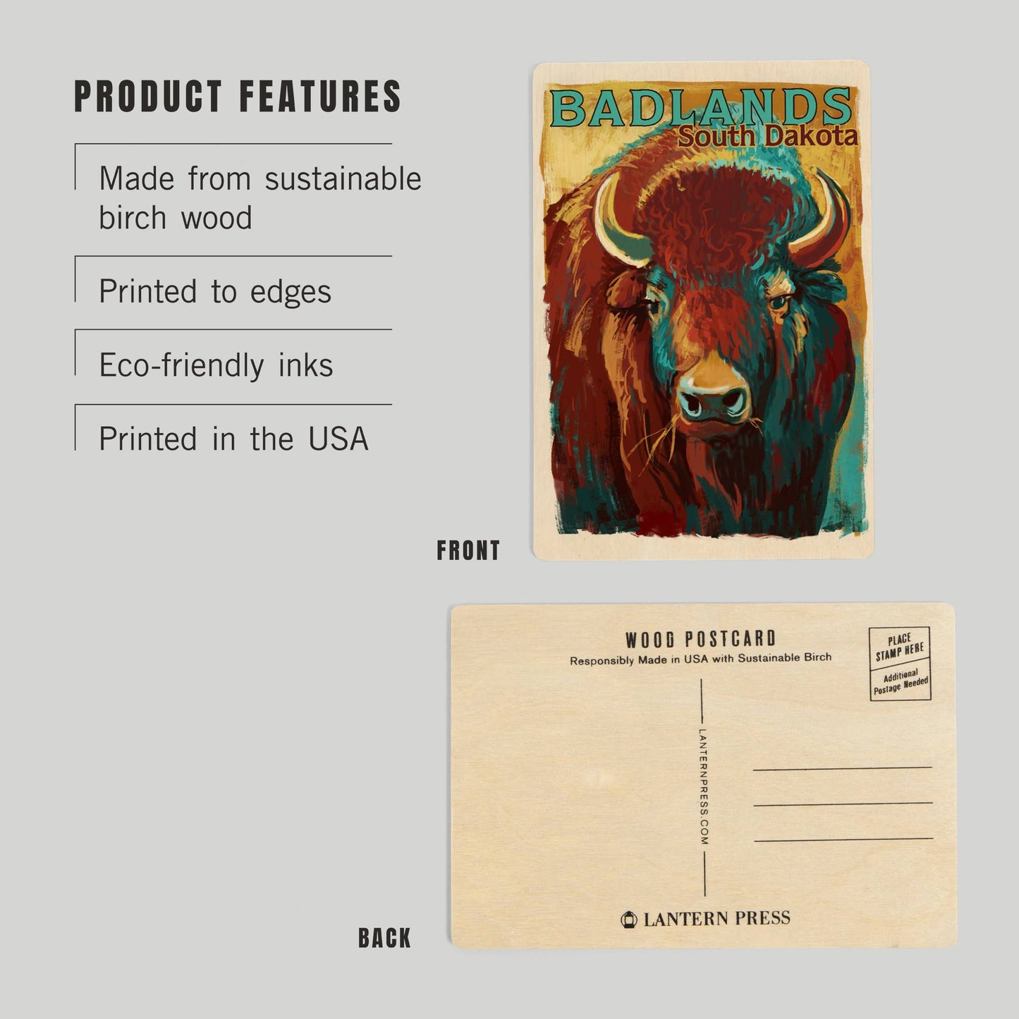 WOOD POSTCARD Badlands, South Dakota, Bison, Vivid