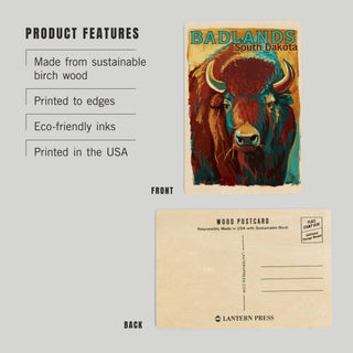 WOOD POSTCARD Badlands, South Dakota, Bison, Vivid