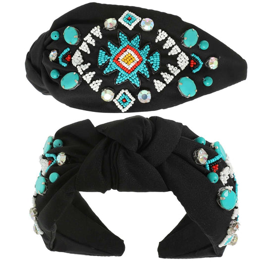 Western Aztec Design Top Knotted Beaded Headband