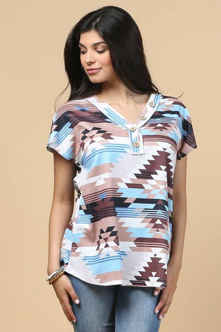 Avery LEXY AZTEC PRINT BUTTON DETAIL V NECK THERMAL TOP