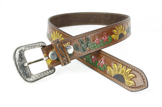 Genuine Western Leather Belt w/ Sunflower Cactus Design ABB 21 2523