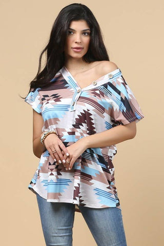 Avery LEXY AZTEC PRINT BUTTON DETAIL V NECK THERMAL TOP
