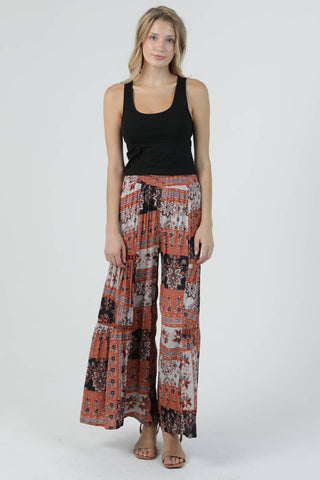 PRINTED WIDE LEG FLARE PANTS WITH LACE TRIM