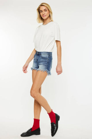 KAN CAN DENIUM SHORTS MID RISE FRAY HEM SHORTS