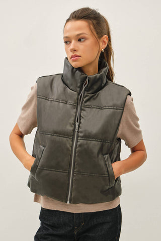 FAUX LEATHER PUFFER VEST