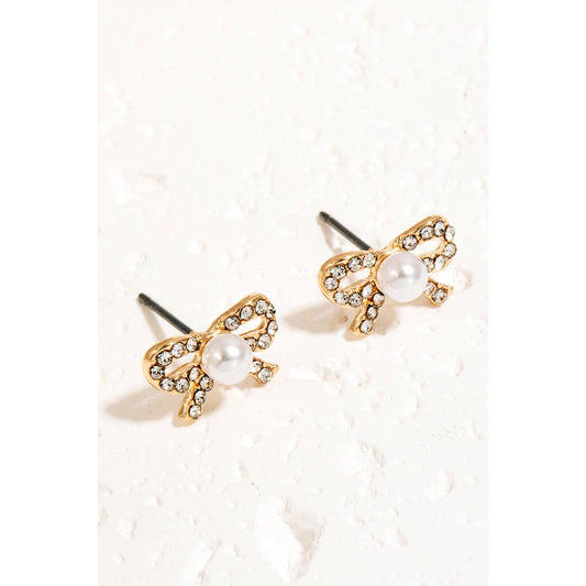 Pearl And Rhinestone Studded Ribbon Bow Stud Earrings