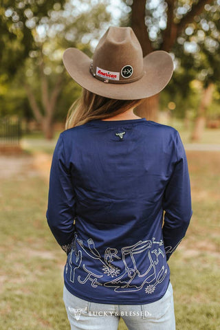 Navy Western Rhinestone Pressed Detail Long Sleeve Shirt