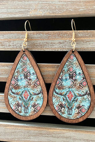 Western Style Aztec Cactus Bulls Wood Earrings