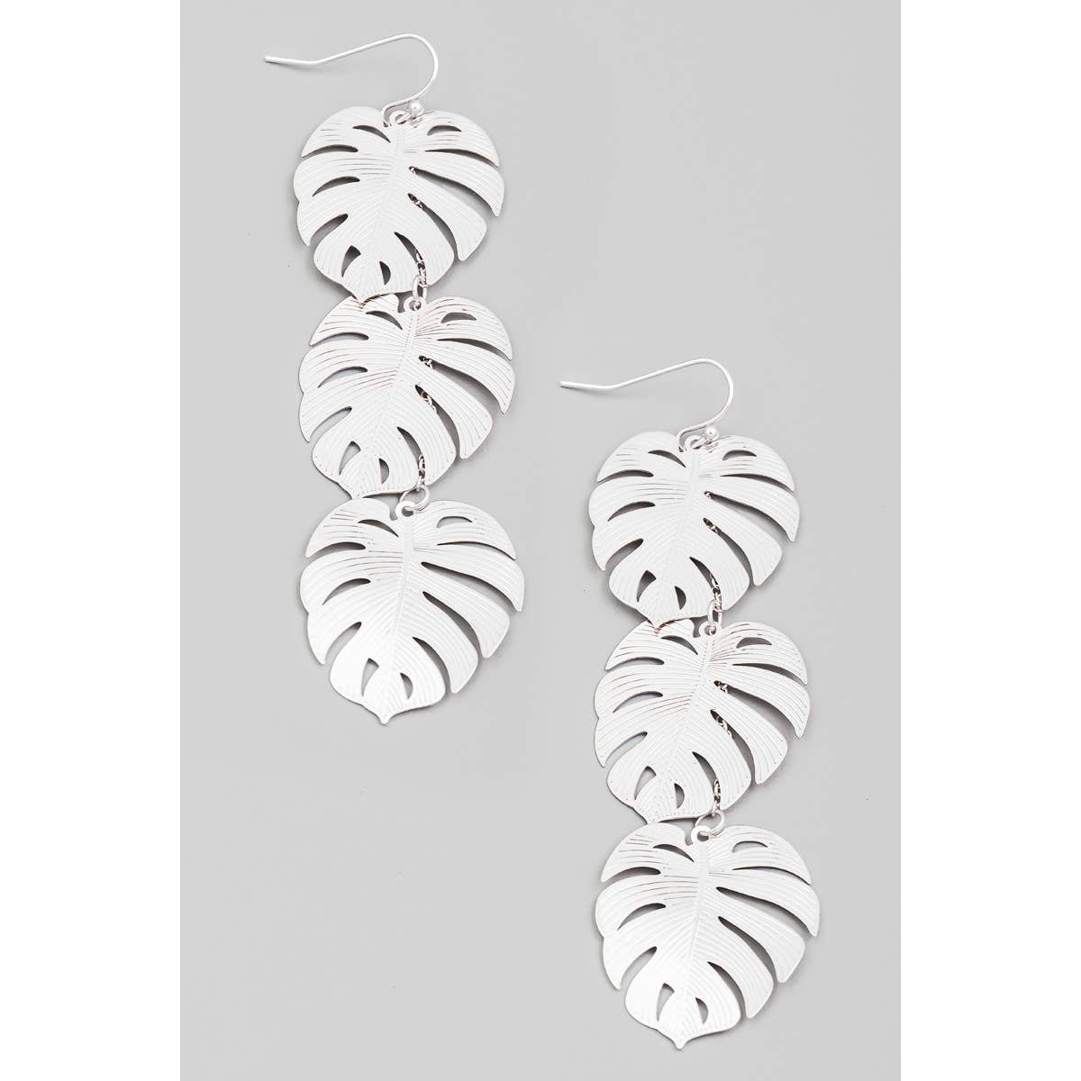 Triple Flat Metallic Monstera Chain Earrings