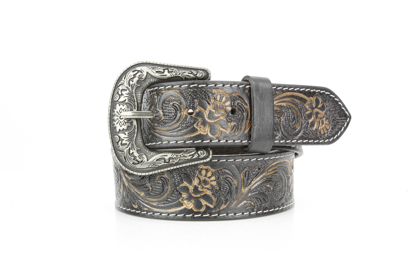 Black Tooled Leather Belt Camel Turquoise ABB 14-2622