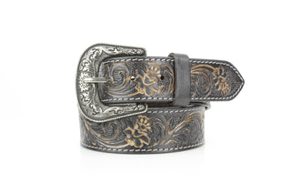 Black Tooled Leather Belt Camel Turquoise ABB 14-2622