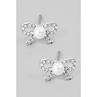 Pearl And Rhinestone Studded Ribbon Bow Stud Earrings