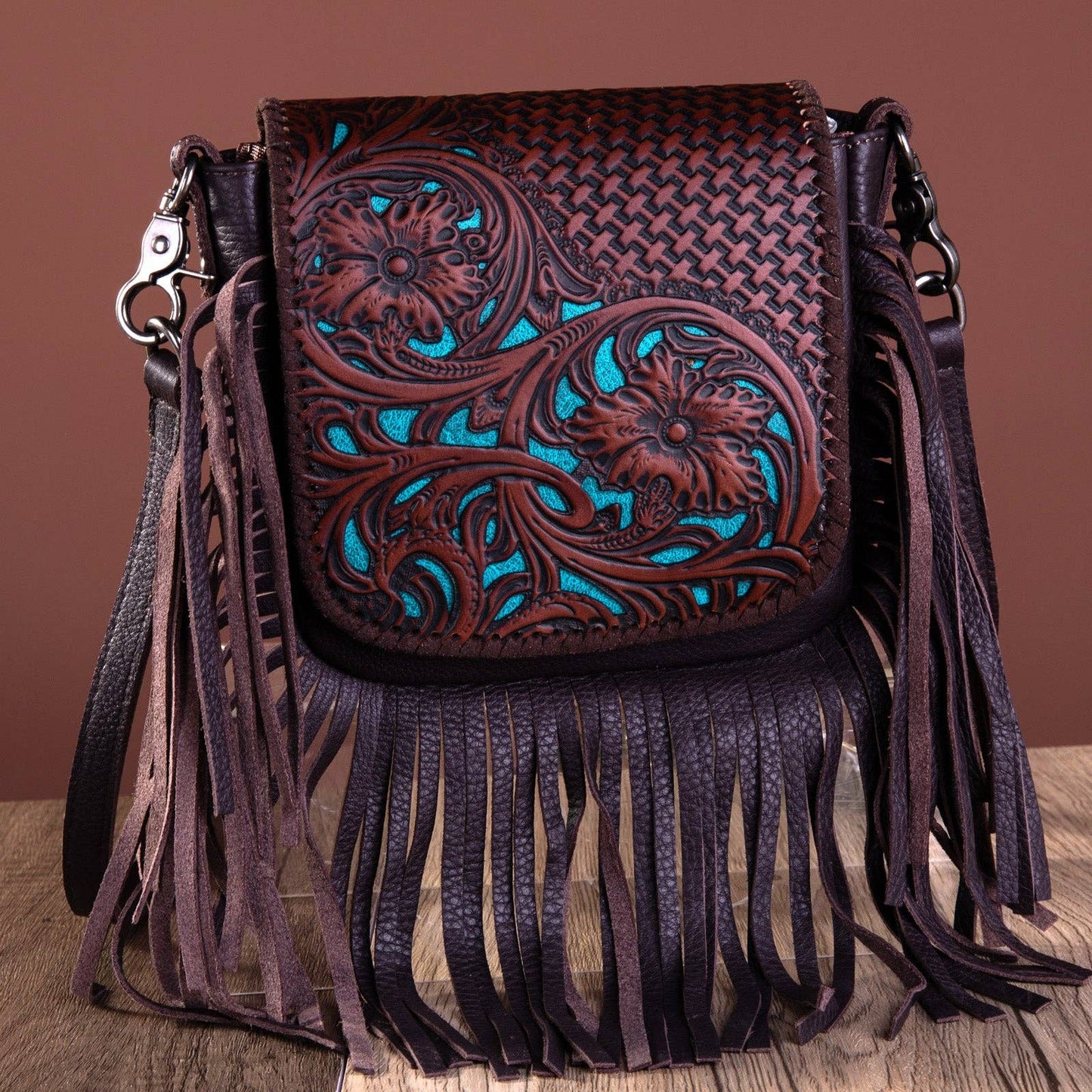 RLC-L162 Montana West Genuine Leather Tooled Collection Fringe Crossbody