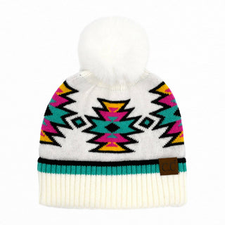 CC South Western Aztec  Pattern Faux Fur Pom Beanie