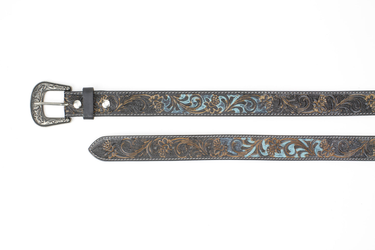 Black Tooled Leather Belt Camel Turquoise ABB 14-2622