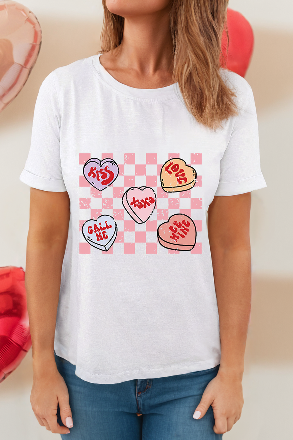 LDC Checkered Valentines Heart Printed Crewneck T Shirt