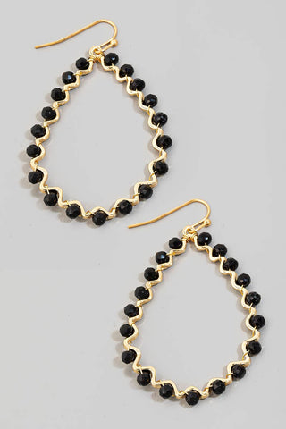 Beaded Wavy Metallic Tear Dangle Hook Earrings