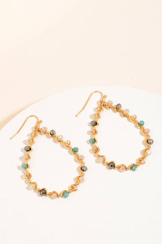 Beaded Wavy Metallic Tear Dangle Hook Earrings