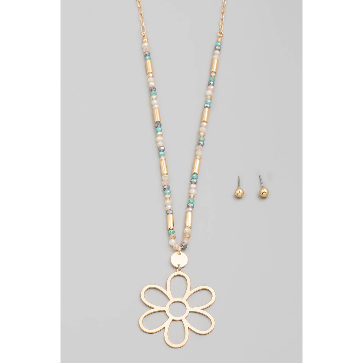 Metallic Flower Pendant Beaded Long Necklace Set