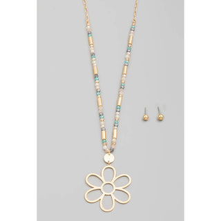 Metallic Flower Pendant Beaded Long Necklace Set