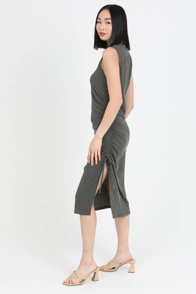 Olive TEXTURED KNIT SIDE ROUCH TANK DRESS by Angie