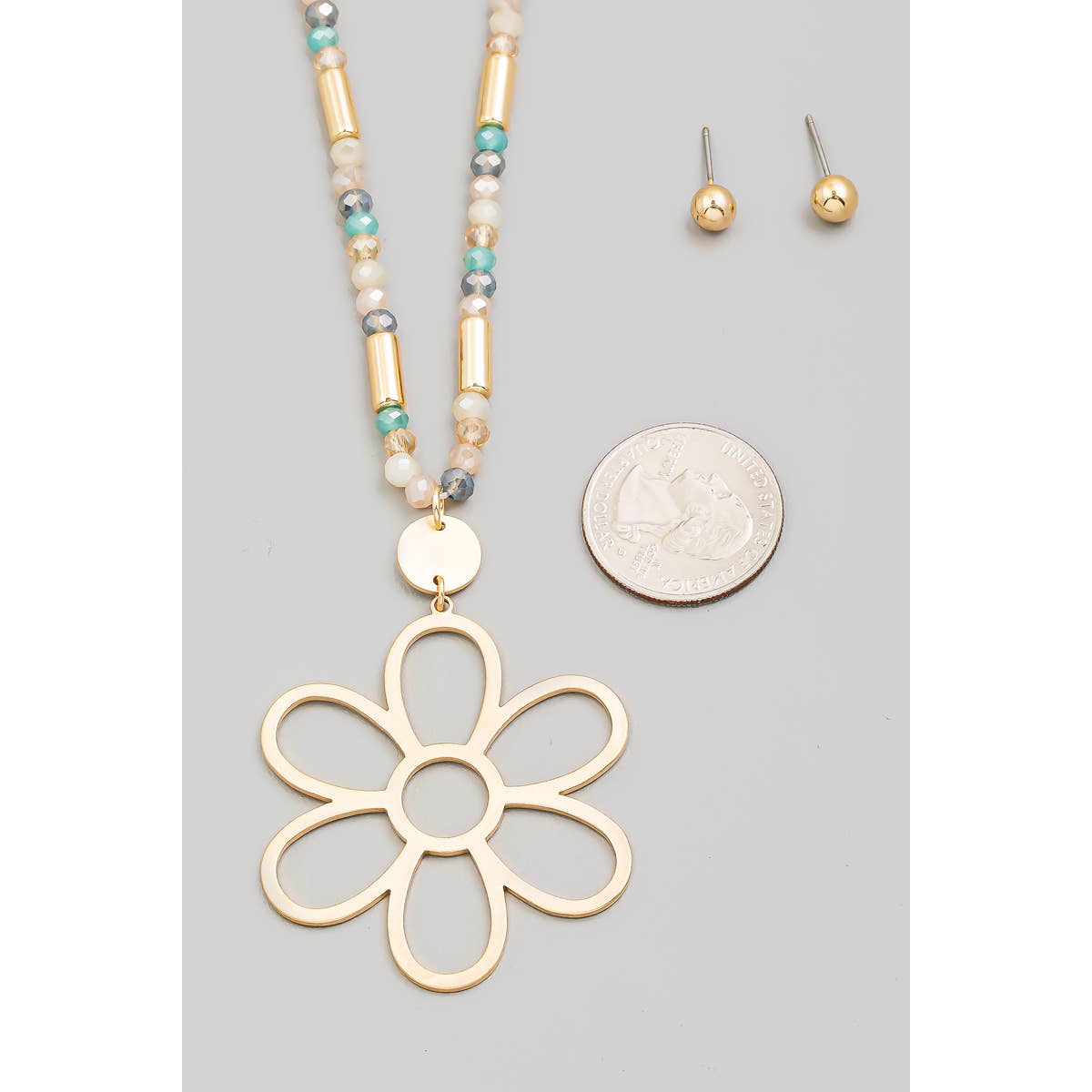 Metallic Flower Pendant Beaded Long Necklace Set