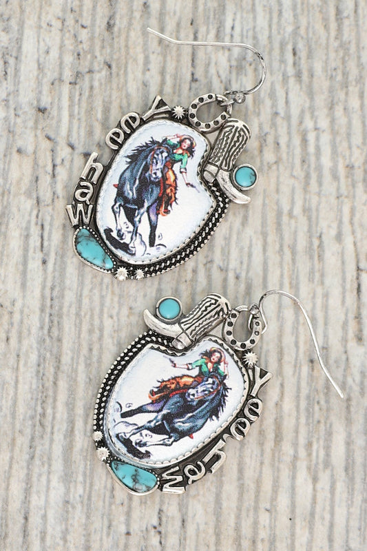 Western Yeehaw Cowgirl Turquoise Drop Earrings