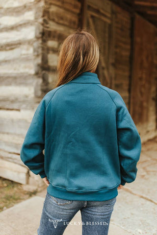 Teal Western Quarter Zip Sweatshirt with Front Pocket