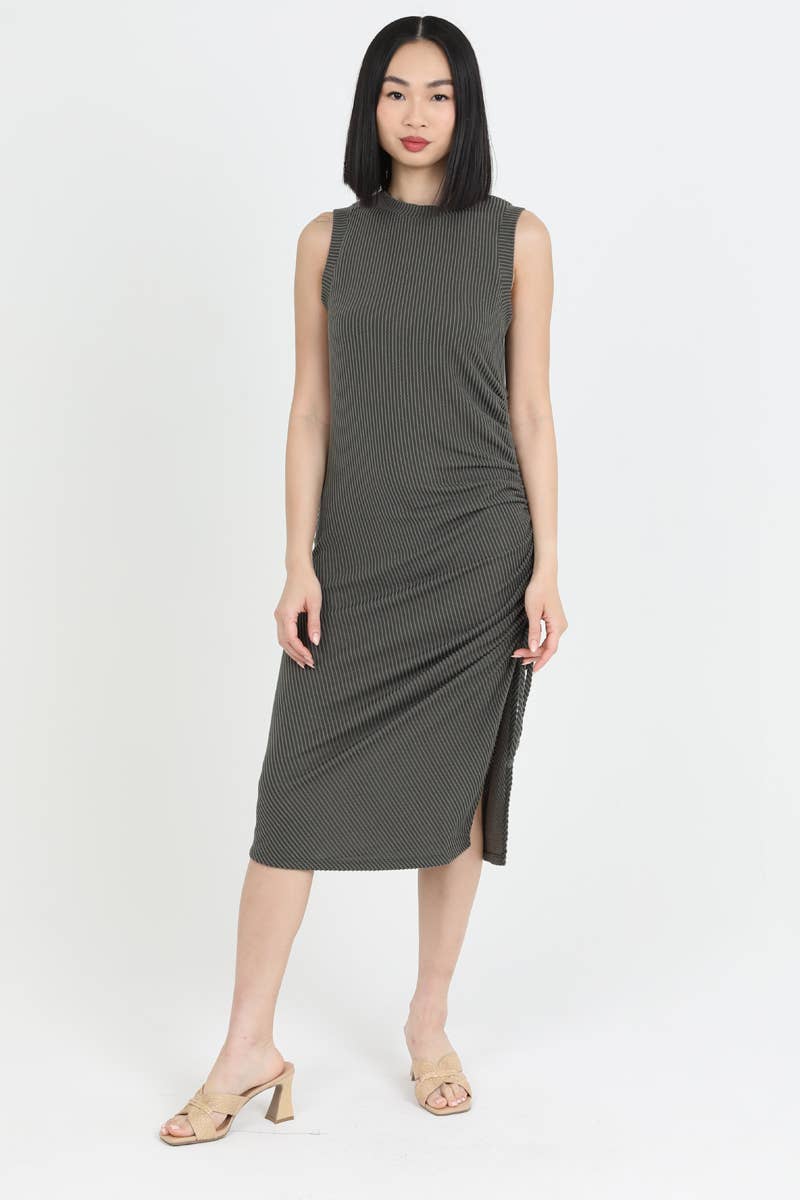 Olive TEXTURED KNIT SIDE ROUCH TANK DRESS by Angie