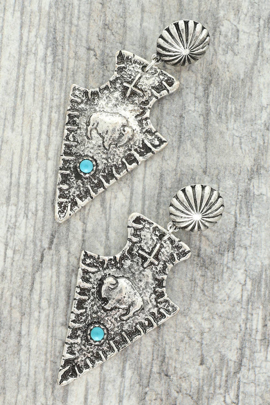 Western Turquoise Hammered Buffalo Spearhead Earrings