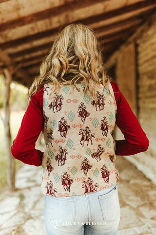 Cream Rodeo Cowboy Printed Quilted Zip-Up Vest
