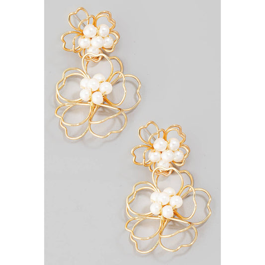 Metallic Flower Pearl Studs Drop Earrings