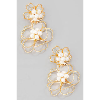 Metallic Flower Pearl Studs Drop Earrings