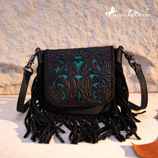Montana West Genuine Leather Tooled Fringe Crossbody