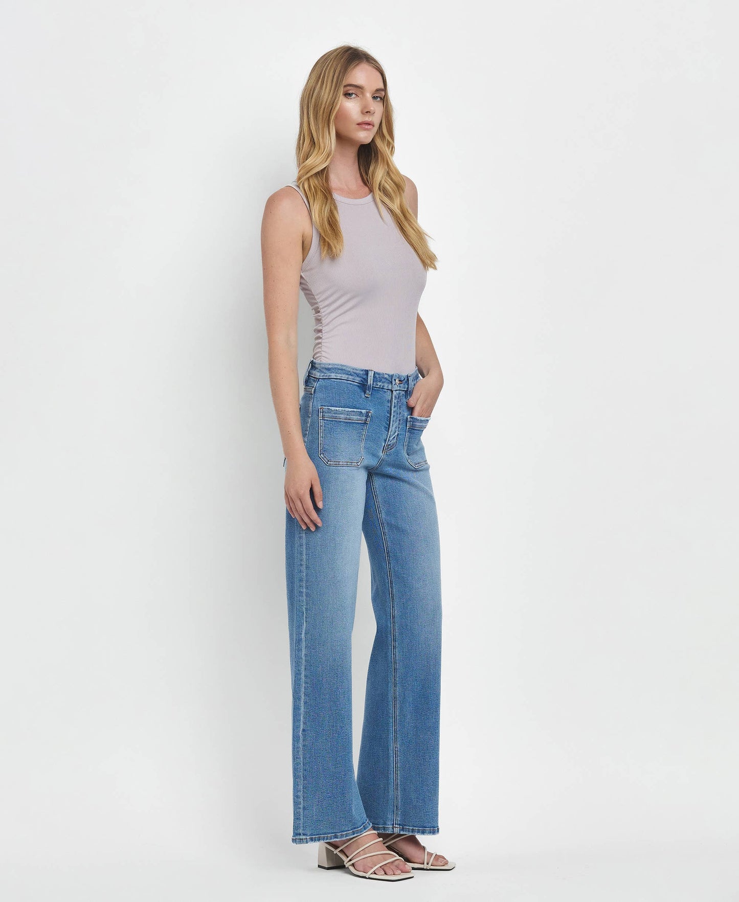 LOVERVET BY VERVET HIGH RISE PATCH POCKET WIDE LEG JEANS LV1479
