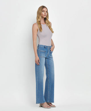 LOVERVET BY VERVET HIGH RISE PATCH POCKET WIDE LEG JEANS LV1479