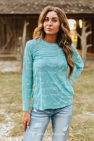 Turquoise Western Burnout mesh Sleeve Top