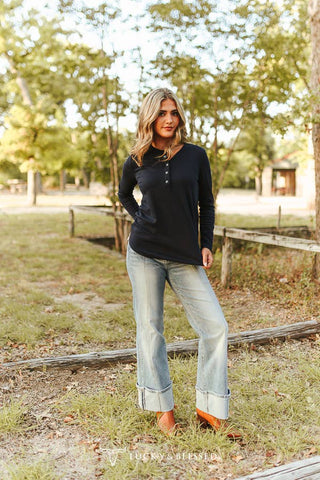 Navy Long Sleeve Turquoise Snap Button Henley Top